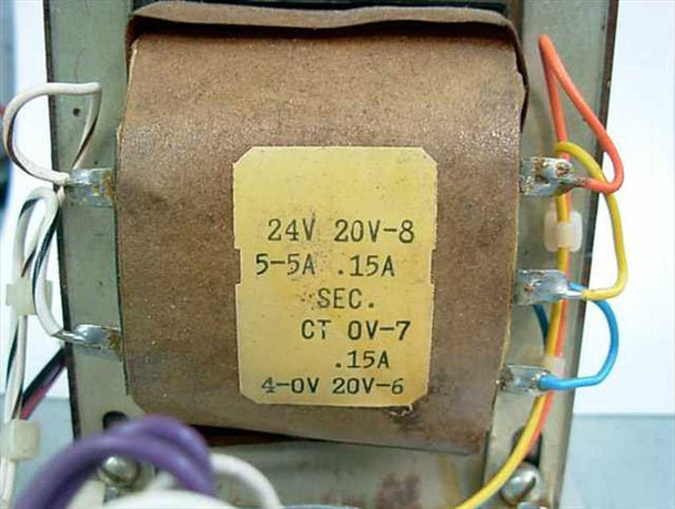 F&R Enterprises transformer secondary winding label showing 24V, 20V-8, 5-5A .15A, SEC. CT 0V-7, .15A, 4-0V 20V-6
