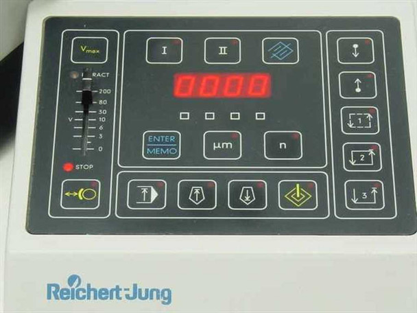 Reichert-Jung 2050 remote control panel close-up — 4-digit LED display, membrane keypad with speed, thickness (µm), quantity (n) controls, and STOP button