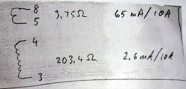 Daytronic 2F4051B handwritten spec sheet showing winding 1: 3.75 Ohm / 65mA/10A (pins 8–5) and winding 2: 203.4 Ohm / 2.6mA/10A (pins 4–3)