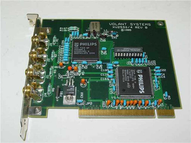 Volant Systems XV2530/4 Rev B PCI video capture card – component side showing Philips chipsets and four RCA input connectors on bracket