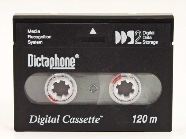 Dictaphone DDS-2 120M Digital Cassette tape front panel detail showing Dictaphone logo, DDS-2 Digital Data Storage branding, and 120m marking