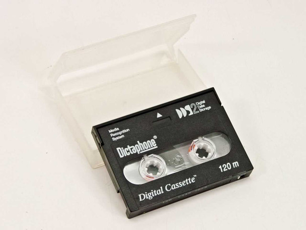 Dictaphone DDS-2 120M Digital Cassette tape with protective plastic case – angled top view