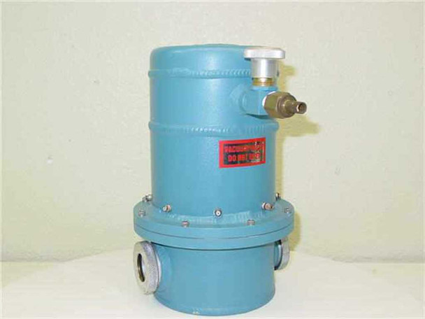 Cryogenic Associates R-219-81-649 high vacuum container rear/side view showing blue body, brass Nupro valve fitting, red warning label, and bottom flange with bolt ring