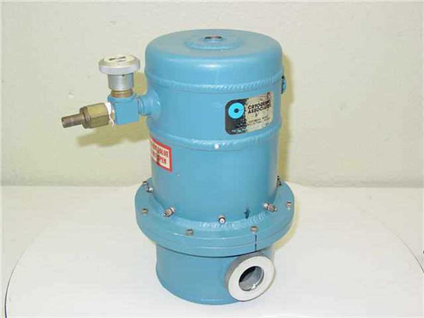 Cryogenic Associates R-219-81-649 high vacuum container three-quarter view showing full cylindrical vessel, side-mounted Nupro valve, Cryogenic Associates label, red caution label, and bottom vacuum port opening