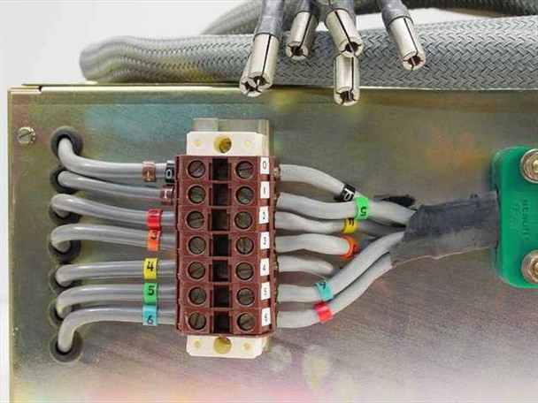 ISA Riber 304S rear terminal block close-up showing multi-conductor filament wiring with color-coded leads numbered 1 through 6 connecting to screw terminal strip