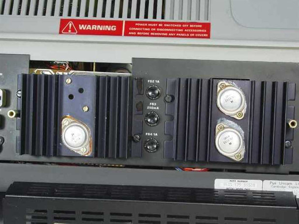 Pye Unicam 9423 rear power section with fuse holders FS2 1A, FS3 250mA, FS4 1A and lamp driver heatsinks visible