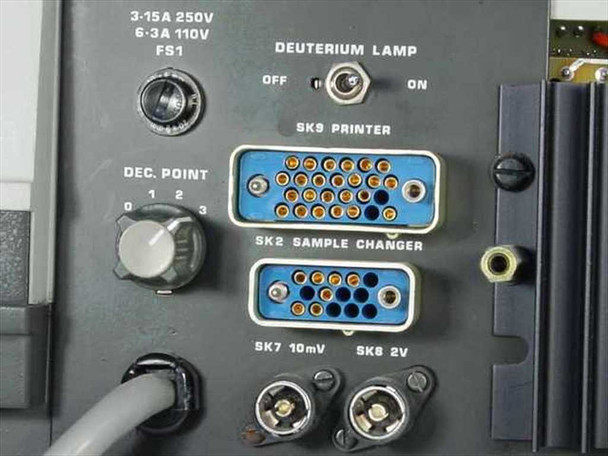Pye Unicam 9423 rear panel detail showing FS1 fuse (3-15A 250V / 6-3A 110V), Deuterium Lamp on/off switch, SK9 Printer connector, SK2 Sample Changer connector, SK7 10mV and SK8 2V BNC outputs