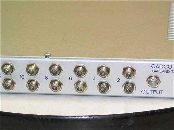 Cadco 12-1000 Combiner — close-up of rear panel showing numbered F-connector inputs (2 through 12) and OUTPUT port with Cadco Garland TX label