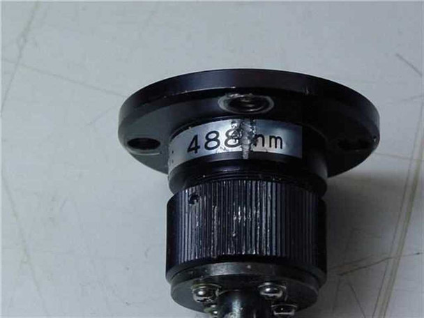 AR-coated collimator end of Mitsubishi STU600F showing 488nm wavelength label on black flanged fitting