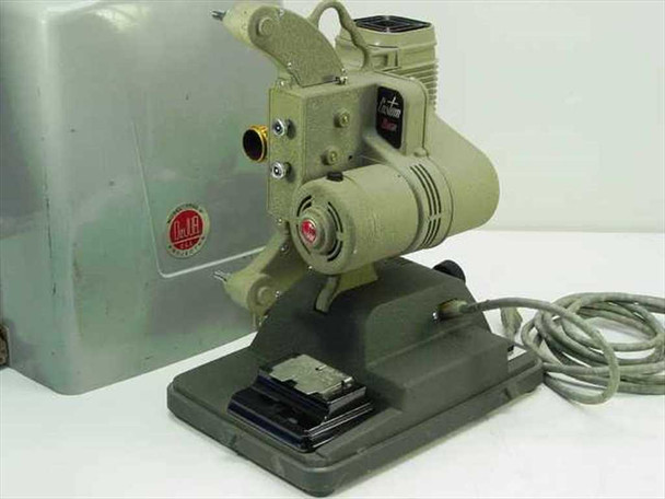 DeJur Amsco 750-B 8mm projector right side view with film gate and carry case visible alongside