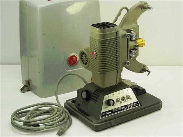 DeJur Amsco 750-B Custom 8mm Film Projector three-quarter front view with aluminum carry case and power cord