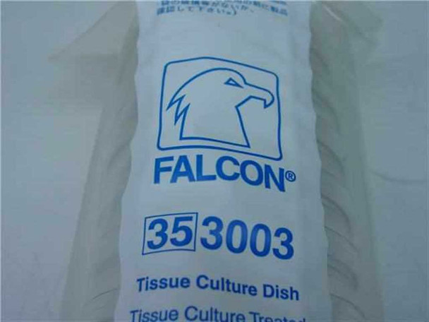Falcon 353003 tissue culture dish sealed bag — close-up of Falcon logo and catalog number 353003 printed on packaging