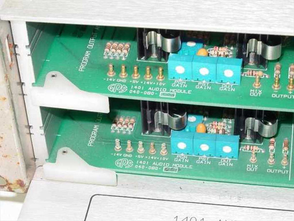 Graham-Patten Systems GPS 1401 Audio Module PCBs closeup – showing 040-080 cards with gain trim pots and terminal blocks