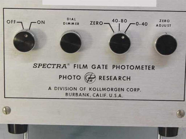 Photo Research Spectra 900-OP-C FilmGate Photometer front panel close-up showing Off/On, Dial Dimmer, Zero, range selector, and Zero Adjust knobs with Kollmorgen branding