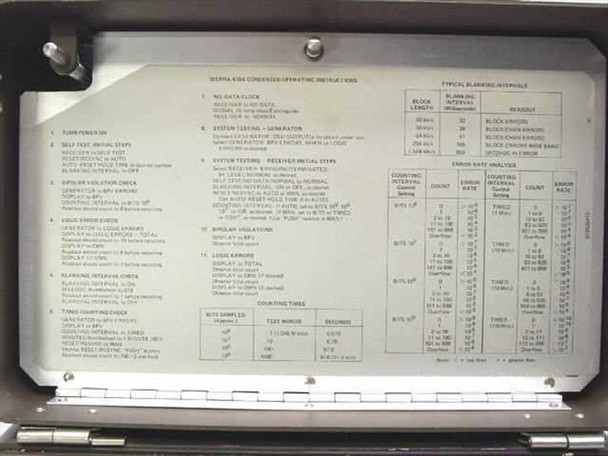 Sierra 418A-1 lid interior showing condensed operating instructions and typical blanking interval reference tables