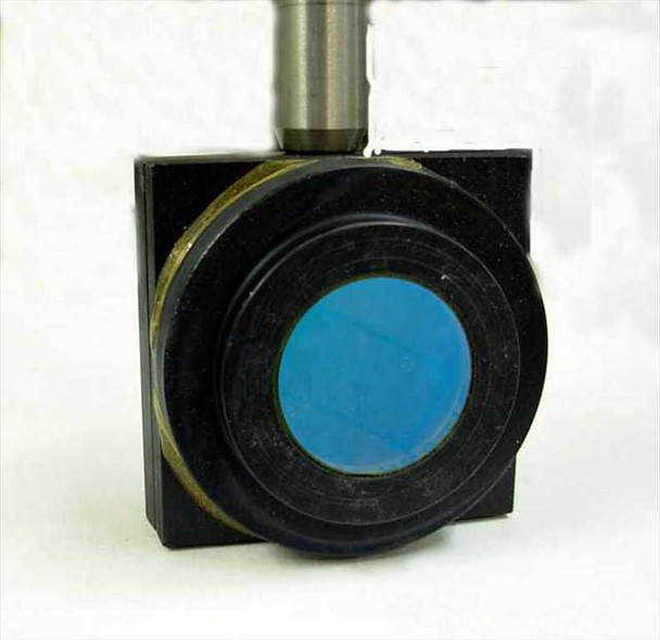 Oriel large optical mirror mount close-up showing blue coated mirror face and black anodized body with stem
