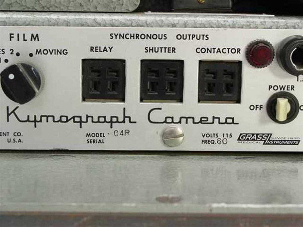 Grass Instruments C4R Kymograph Camera front panel close-up showing Model C4R label, 115V 60Hz rating, Synchronous Outputs, and Grass Instruments logo