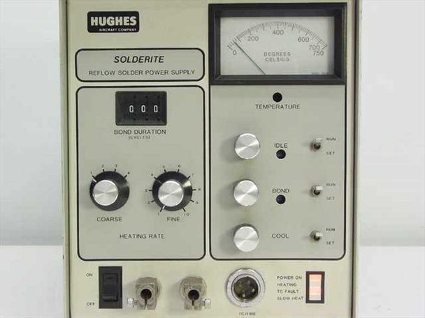 Hughes HTT-600 Solderite Reflow Solder Power Supply – close-up front panel showing Bond Duration display, Coarse/Fine heating rate knobs, Temperature/Idle/Bond/Cool run-set controls, and 0–750°C analog meter