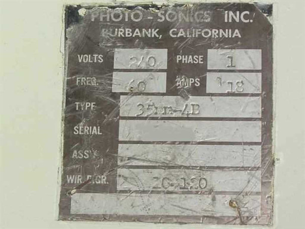 Photo-Sonics Inc. rating plate showing 120V, 1-phase, 60Hz, 1.18A, Type 35mm-4B, Wiring Diagram ZG-180, Burbank California