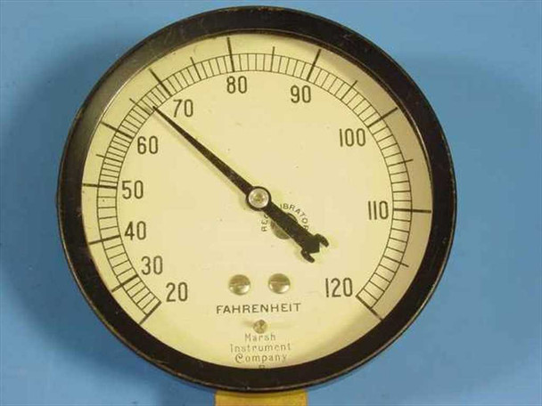 Marsh Instrument Company dial thermometer – close-up of dial face showing Fahrenheit scale 20–120°F, Refrigerator label, and Marsh Instrument Company branding