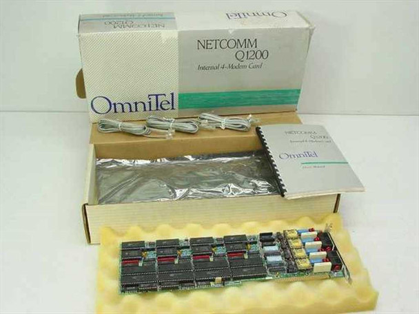 OmniTel Netcomm Q1200 Internal 4-Modem ISA Card in original box with foam insert, phone cables, and user manual