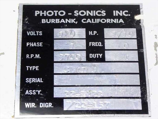Photo-Sonics Inc. Burbank California rating plate: 180V, 1/70 HP, single phase, 60 Hz, 3700 RPM, Assy 22-7320, Wiring Diagram 722-157