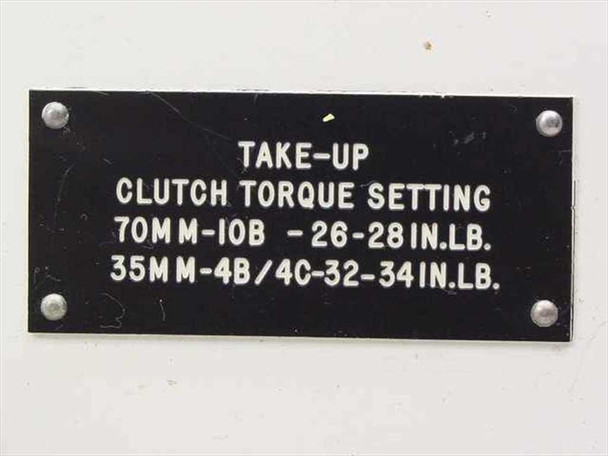 Close-up of clutch torque setting plate: 70mm-10B 26–28 in.lb, 35mm-4B/4C 32–34 in.lb