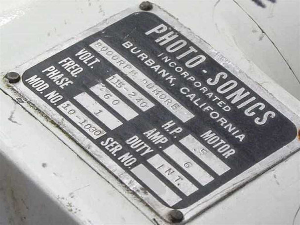 Photo-Sonics Incorporated rating plate showing Model 10-1030, 8000 RPM, 115-240V, 60Hz, 1 Phase, 0.5 HP, 6A, Duty INT, Burbank California