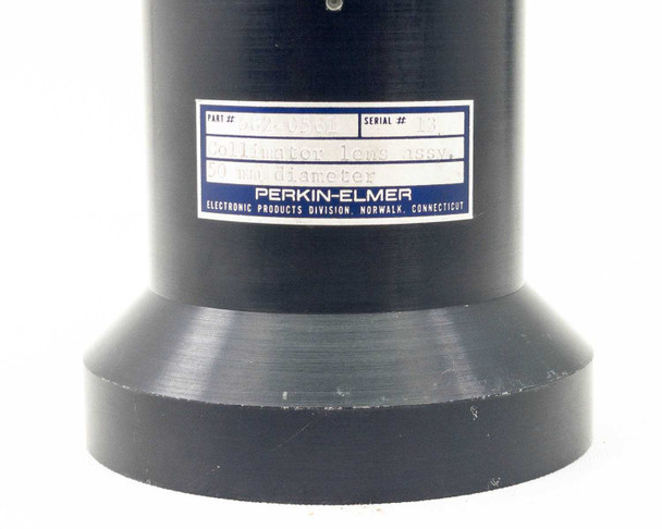 Perkin-Elmer Lasermat Collimator Lens base label showing part number, Collimator Lens designation, and Electronic Products Division Norwalk Connecticut text
