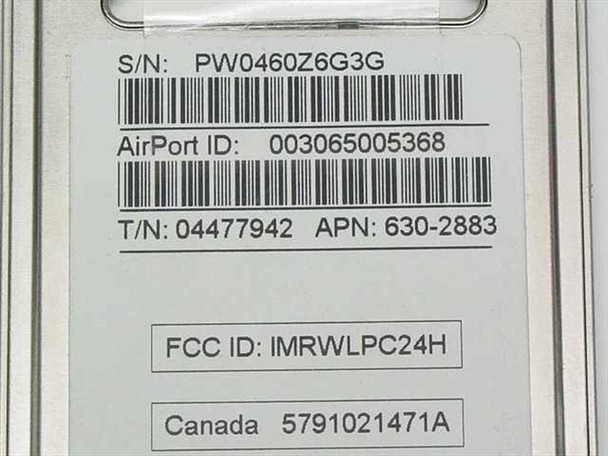 Apple AirPort 630-2883 label close-up — S/N PW0460Z6G3G, AirPort ID 003065005368, APN 630-2883, FCC ID IMRWLPC24H