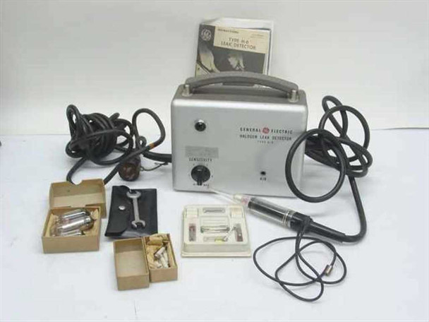 General Electric Type H-6 Halogen Leak Detector – full set showing main unit, probe, accessories boxes, spare tubes, wrench, and instruction manual