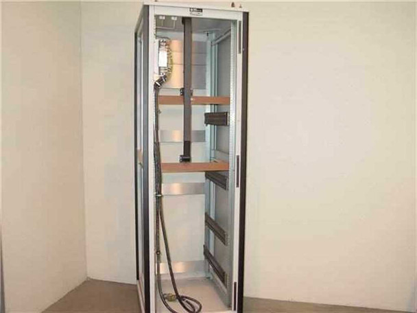 Varian 1015230 VZC rackmount cabinet, front view with door fully open showing internal sliders, waveguides, and cabling
