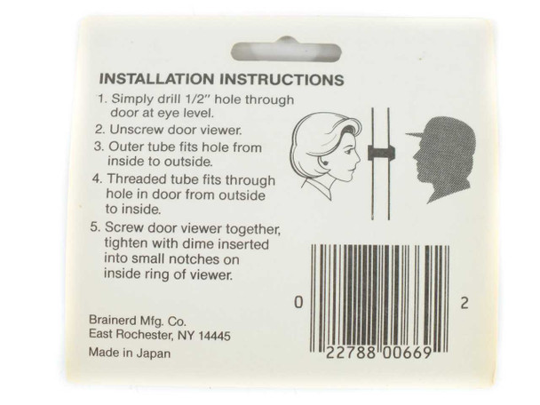 Brainerd 669XC Door Viewer — back of retail card showing installation instructions, UPC 022788006692, Made in Japan, Brainerd Mfg. Co. East Rochester NY