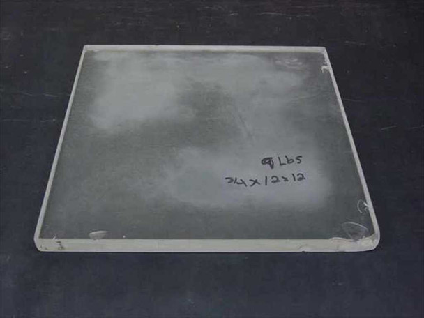 Single thick soda lime glass plate 12x12 x 0.75 inch — front face view with handwritten label showing 9 lbs, 3/4 x 12x12