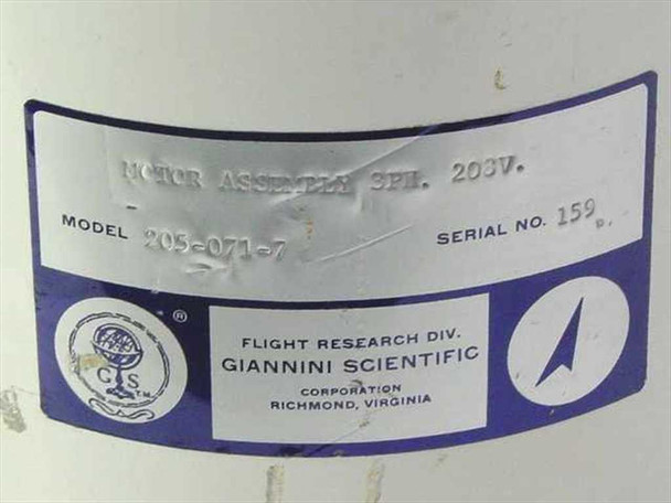 Rating plate on Giannini Scientific 205-071-7 reading Motor Assembly 3Ph 203V, Model 205-071-7, Serial No. 159, Flight Research Div. Giannini Scientific Corporation, Richmond Virginia