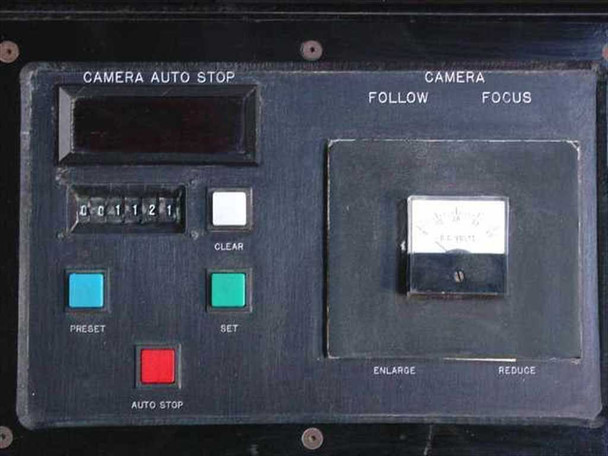 Elicon Ultradrive 600 camera control panel — Camera Auto Stop counter display, Preset/Set/Clear buttons, Auto Stop red button, Camera Follow Focus module with Enlarge/Reduce meter