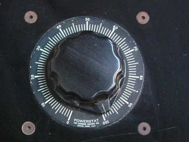 Elicon Ultradrive 600 Powerstat variable autotransformer dial — Superior Electric Co. rotary control scaled 0–100, mounted on control console panel