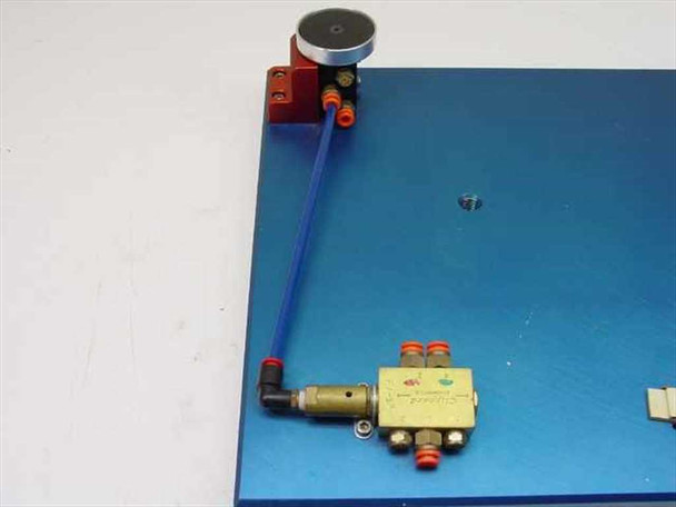 Air Safety dual hand safety switch — close-up of left palm button assembly with blue pneumatic tubing running to Clippard valve below on blue anodized plate