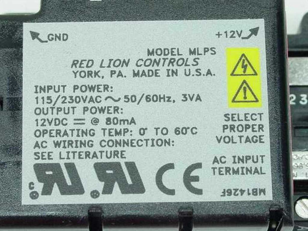 Red Lion Controls MLPS rating label close-up — 115/230VAC 50/60Hz 3VA input, 12VDC 80mA output, 0–60°C operating temp