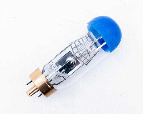 Sylvania CYS-DBH 1200W projector lamp close-up showing filament structure inside T12 glass tube and blue protective dome