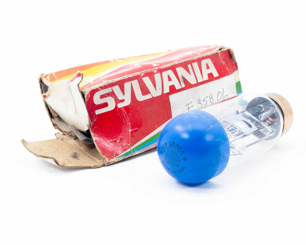 Sylvania CYS-DBH 1200W projector lamp with worn original Sylvania Red Box open beside it showing blue cap end of lamp