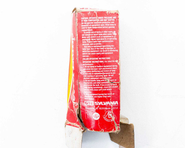 Sylvania CYS-DBH box end panel showing GTE Sylvania branding, UL listing, operating caution instructions, and Made in USA