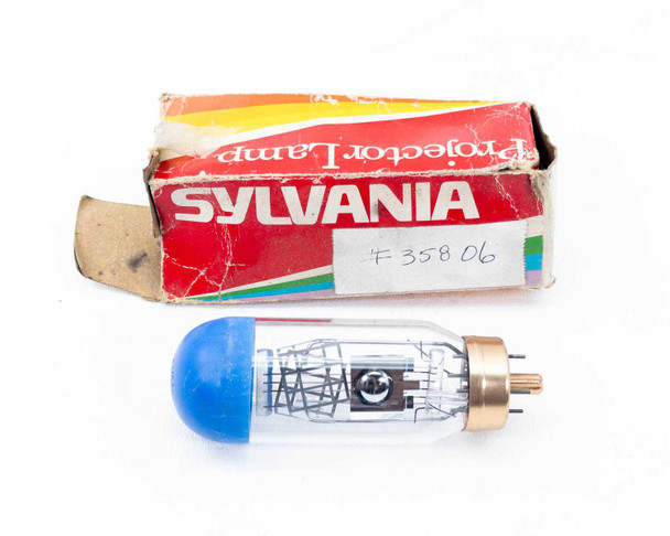Sylvania CYS-DBH 1200W projector lamp bulb with blue protective cap shown beside its original Sylvania Red Box