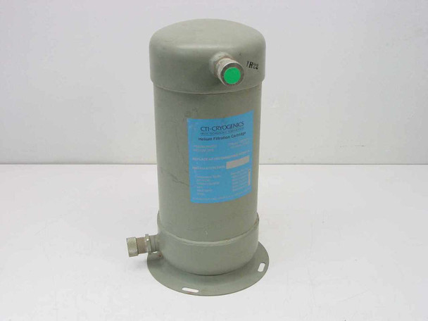 CTI-Cryogenics 8080-255K001 Helium Filtration Cartridge — front view showing cylindrical body, blue label, green indicator cap on top, and bottom fitting