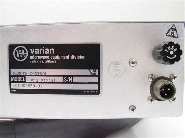 Varian VJW-2722H1 model label showing model VJW-2722H1, P/N 010002850-01, Varian Microwave Equipment Division, Santa Clara California, Made in USA — with multi-pin circular connector