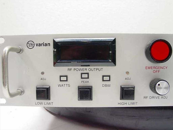 Varian VJW-2722H1 front panel close-up — RF Power Output display (Watts, Peak, dBW), Low Limit, High Limit, RF Drive Adj knob, Emergency Off button