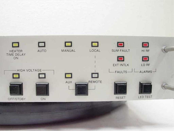 Varian VJW-2722H1 front panel right section — Heater Time Delay On, Auto, Manual, Local, Remote, High Voltage Off/Stby and On switches, Sum Fault, Ext Intlk, Hi RF and Lo RF alarm LEDs, Reset and LED Test buttons