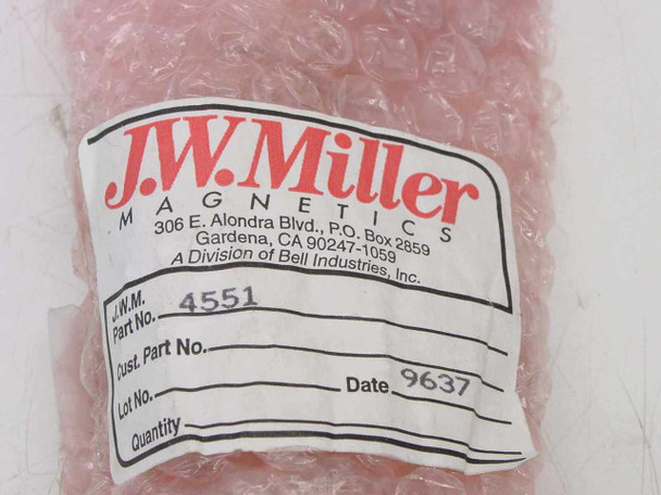 JW Miller Magnetics 4551 original packaging label showing part number 4551, lot number, and date code 9637 on pink anti-static bag