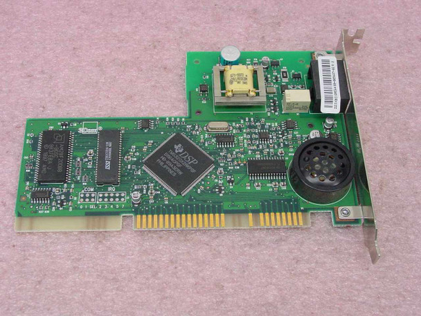 US Robotics Sportster 005687-02 56K ISA fax modem card — top-down front view showing Texas Instruments DSP chip, transformer, and ISA edge connector