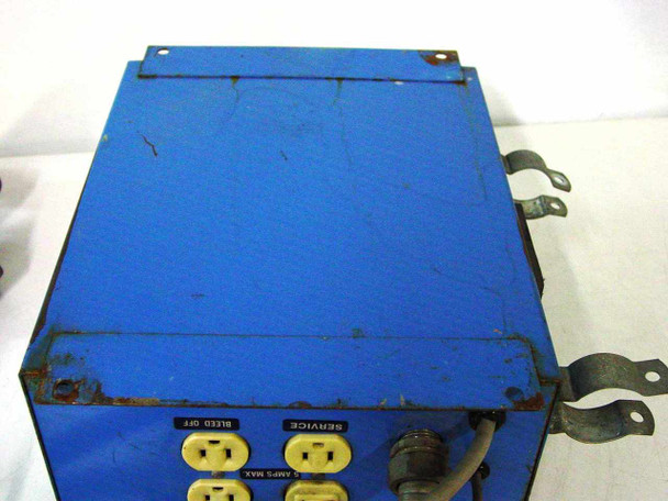 Lakewood Instruments Model 200 Hydro Pure Conductivity Meter top and rear view showing blue enclosure with surface rust and wear, three outlets labeled Bleed Off and Service with 5 Amps Max rating, and pipe clamp brackets